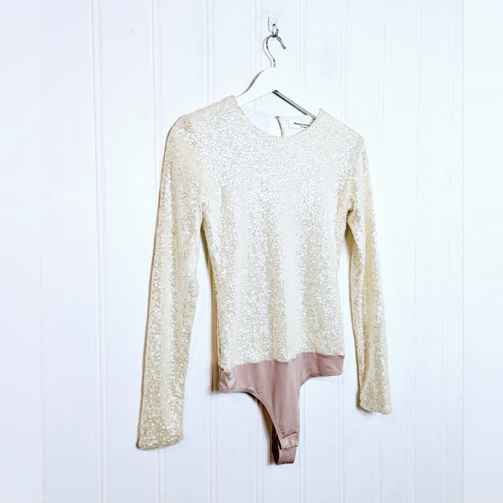 Amanda Uprichard Cream Aurora Sequin Long Sleeve Bodysuit Women’s S Stretch
